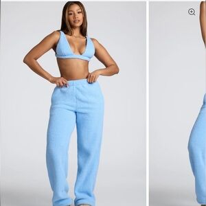 Oh Polly Light Blue Loungewear Fleece Bralette and joggers in baby blue